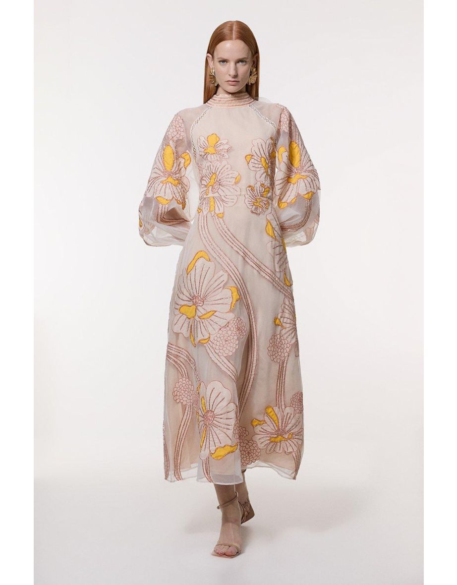 Applique Organdie Floral Graphic Woven Maxi Dress