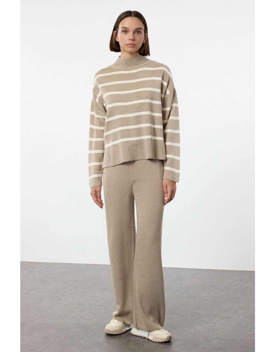 Beige Striped Knitted Trousers Top-Bottom Set