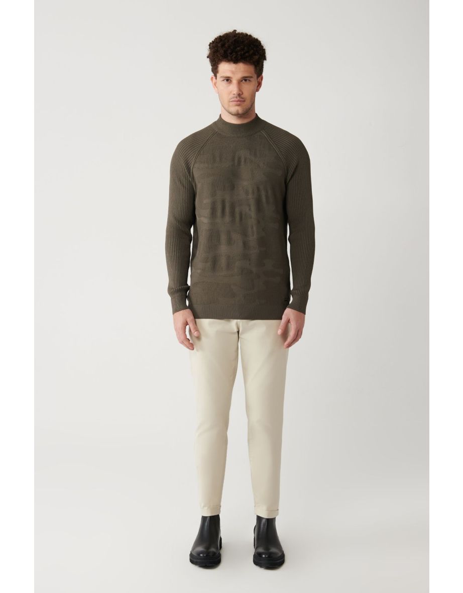 Men's Khaki Crew Neck Camouflage Patterned Rayon Knitwear Sweater