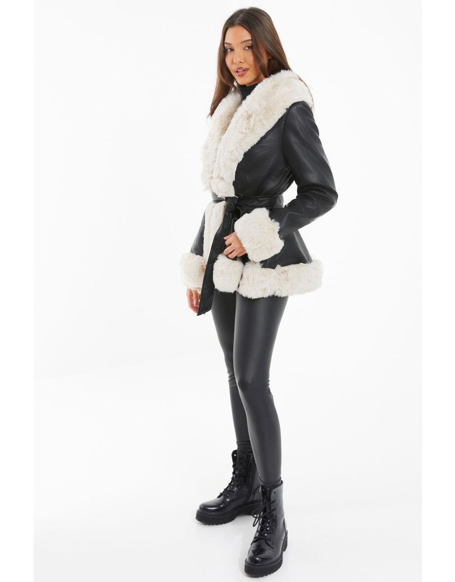 Black Faux Fur Trim Belted Jacket - 3