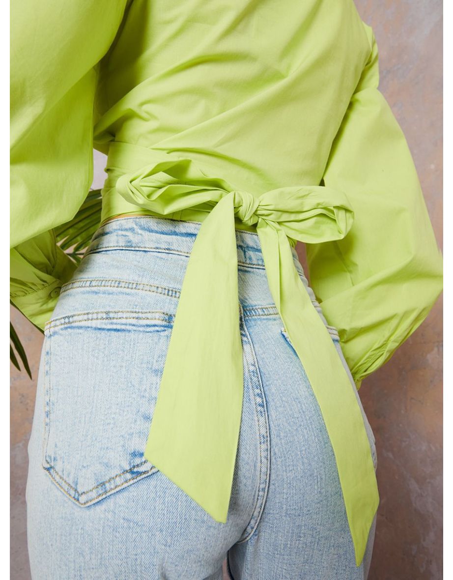 Cotton Poplin Wrap Shirt in Chartreuse - 3