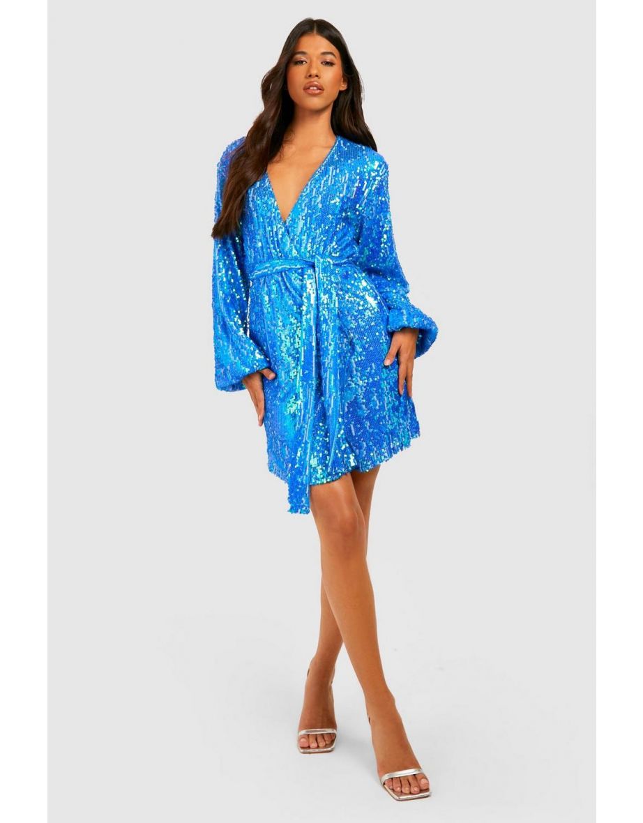 Tall Bright Wrap Over Sequin Dress - bright blue - 3