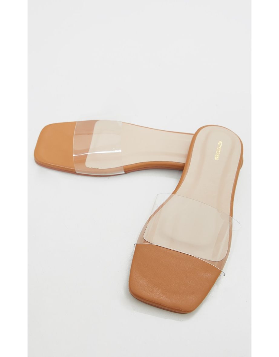 Tan WIDE FIT PU Clear Strap Mule Sandals - 2