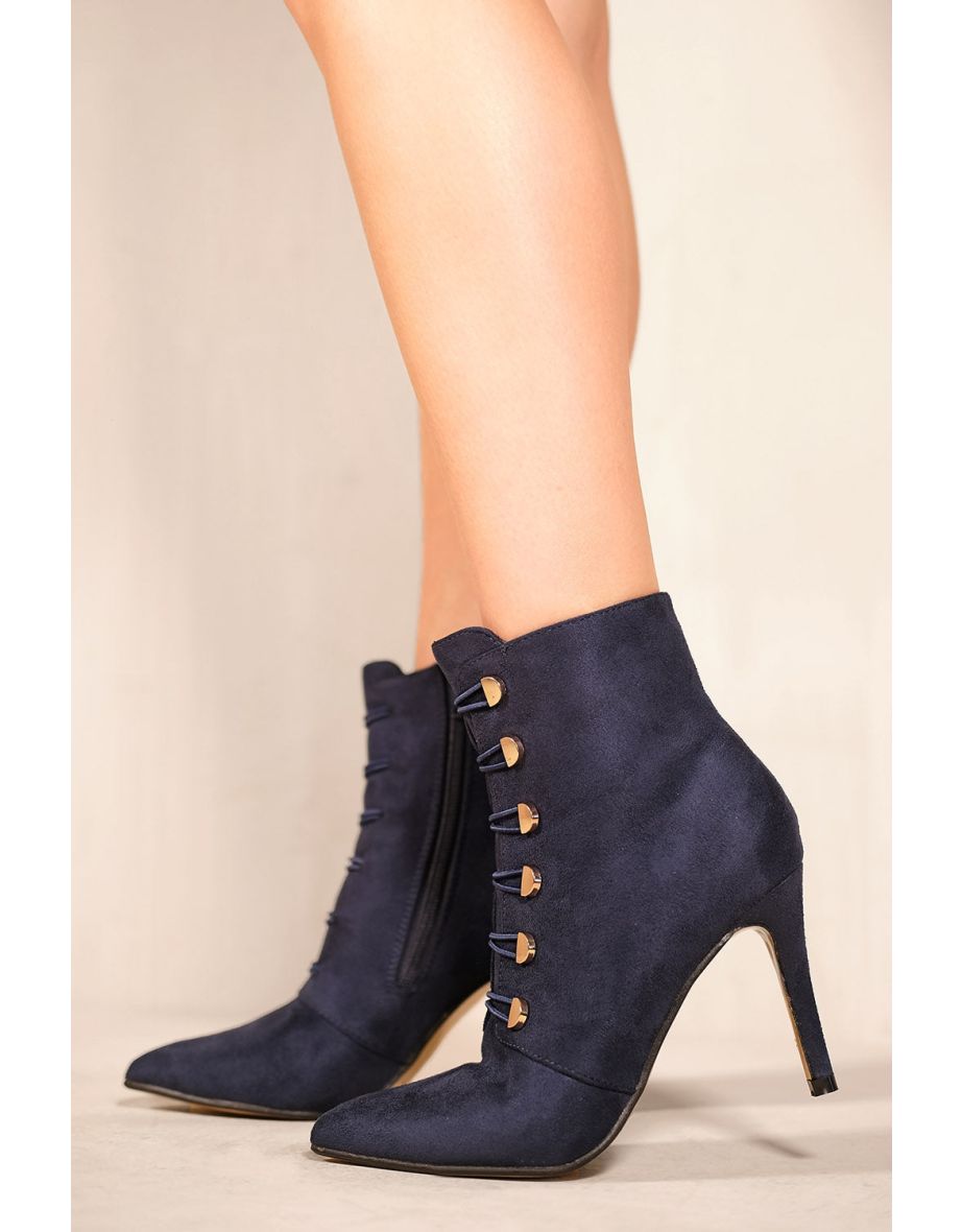 Shop BLYTHE POINTED TOE MID HEEL ANKLE BOOTS WITH GOLD BUTTONS IN NAVY BLUE FAUX SUEDE Online in Oman VogaCloset