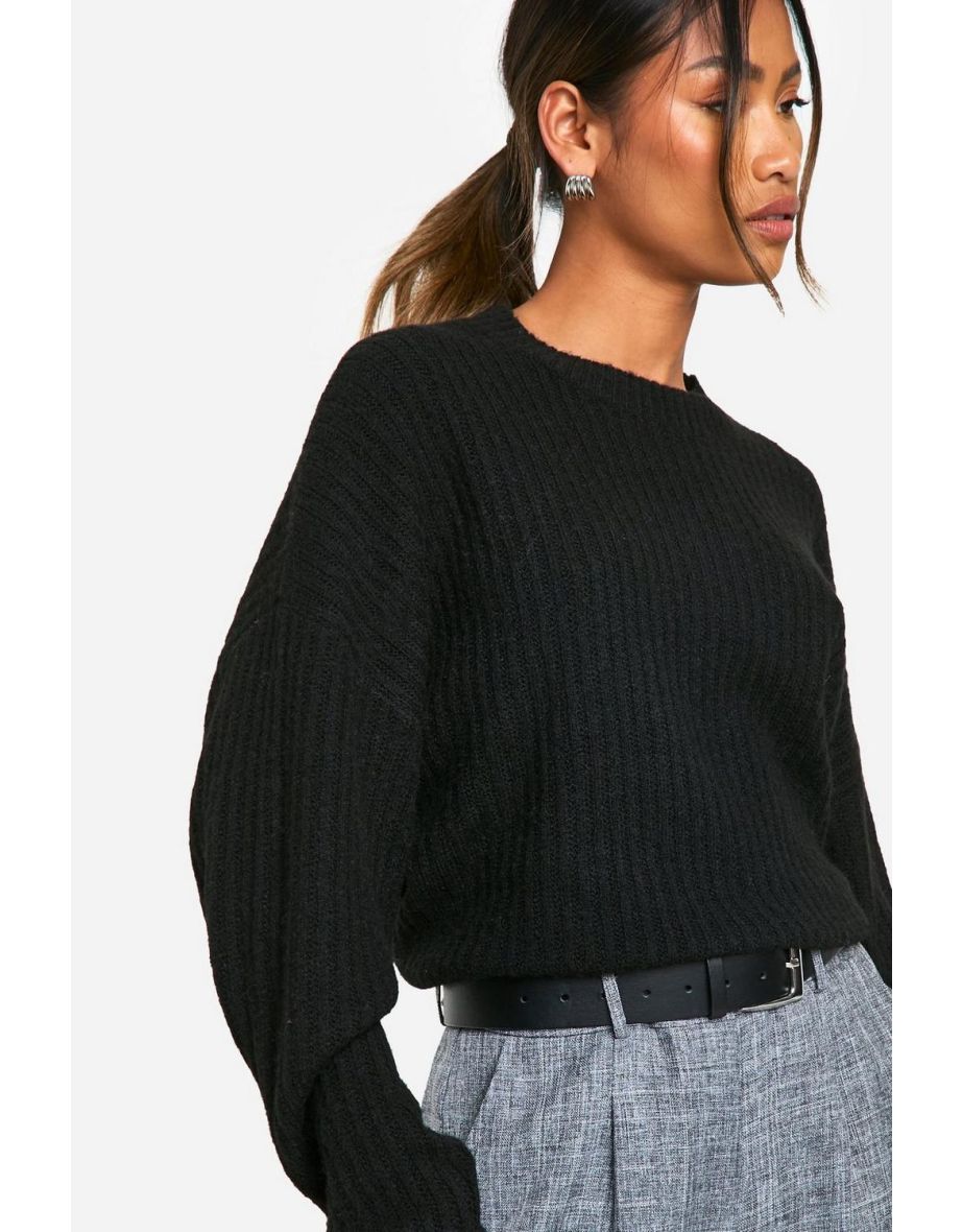 Soft Rib Knit Balloon Sleeve Jumper - black