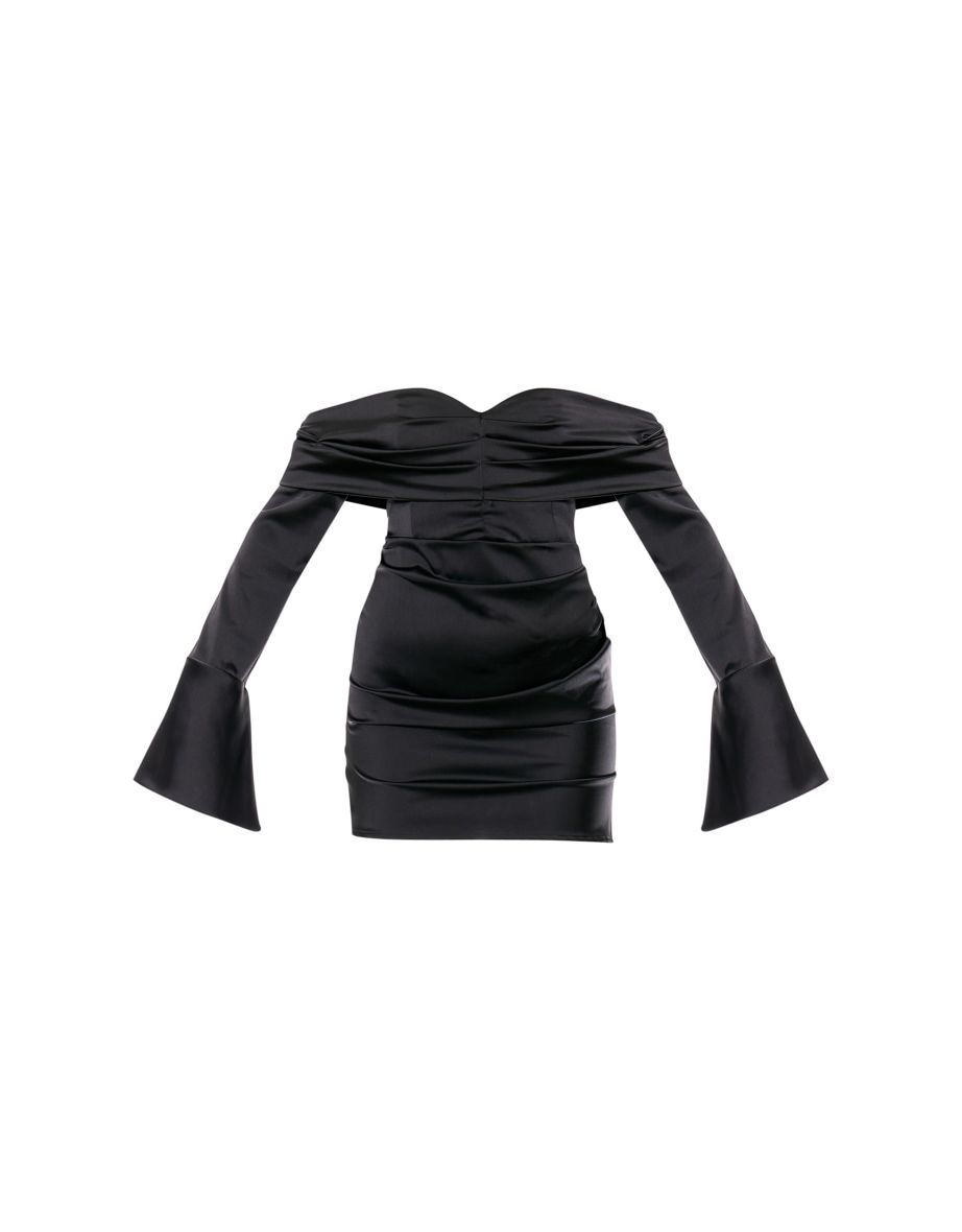 Black Satin Bardot Ruched Long Sleeve Mini Dress - 4