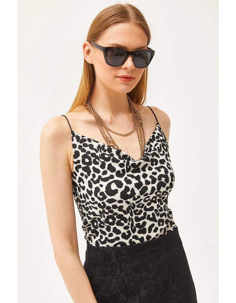 Women's Leopard White Turndown Collar Rope Strappy Blouse