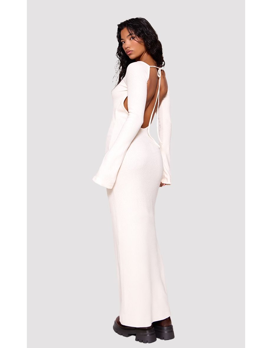 Cream Heavy Brushed Rib Tie Back Maxi Dress
