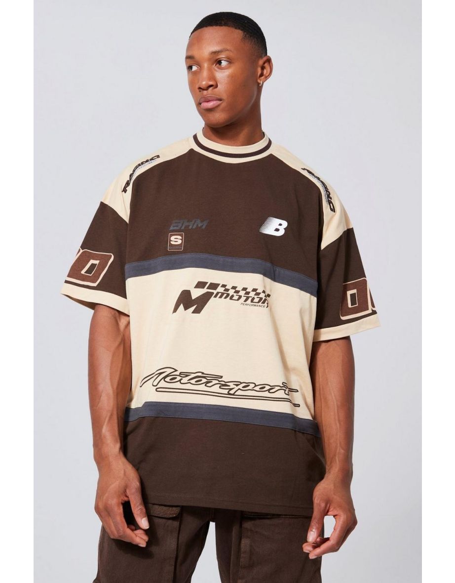 Oversized  Panelled Motor Sport T-shirt - chocolate