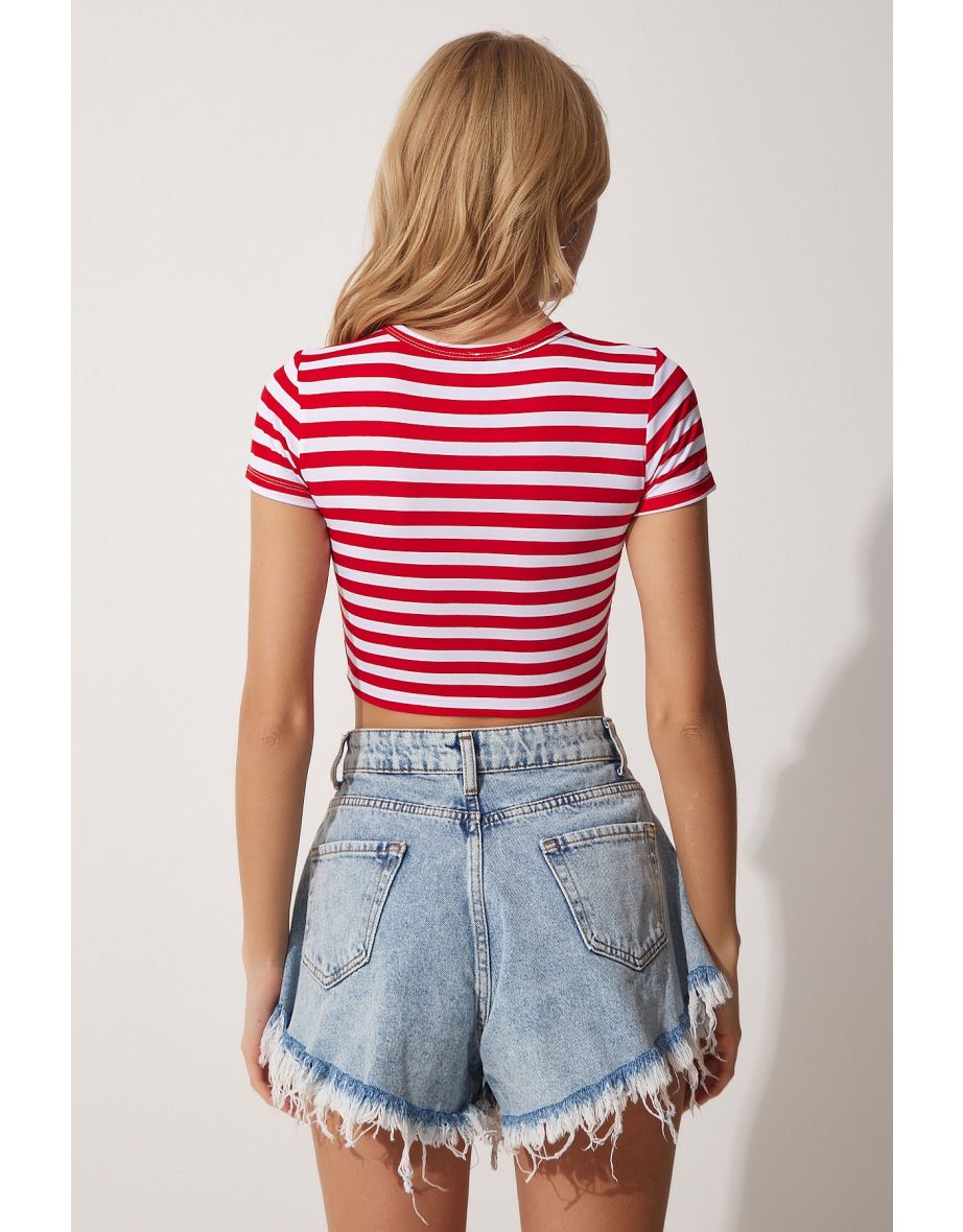 Women's Red White Striped Crop Knitted T-Shirt - 3