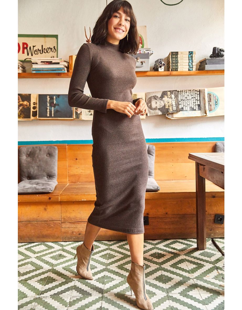 Women's Bitter Brown Lycra Raised Long Camisole Dress