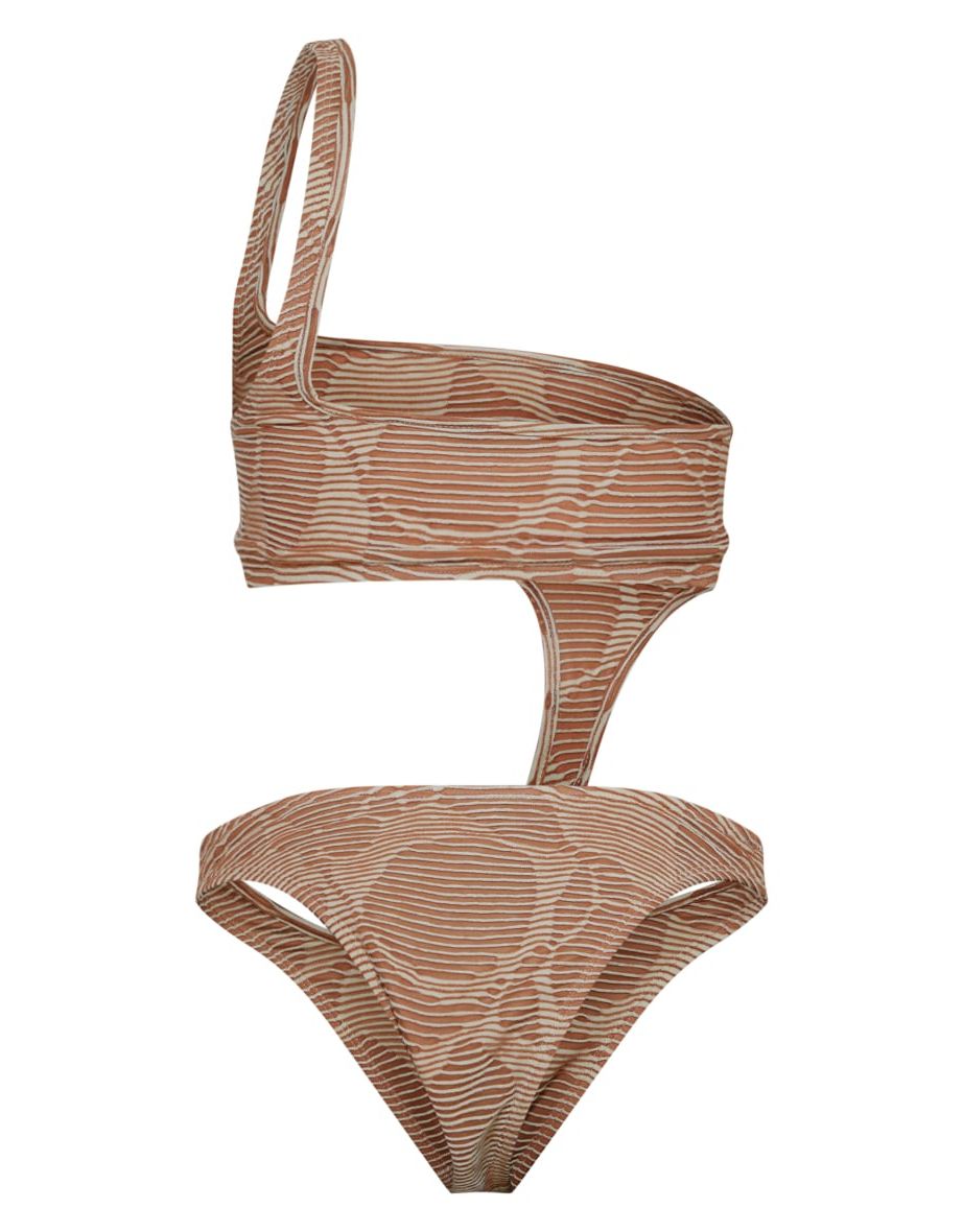 Cream Contrast Textured Rib Asymmetric Cut Out Swimsuit - 2