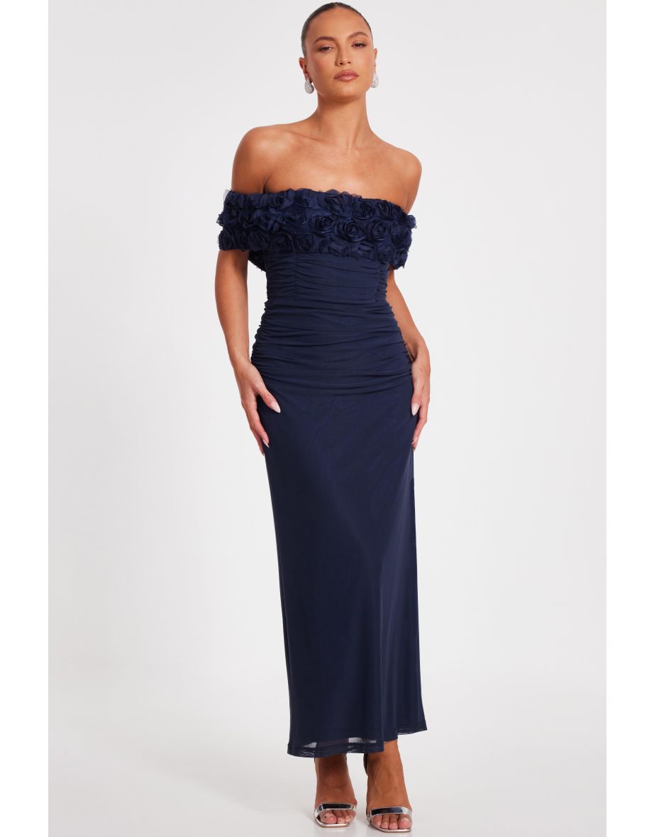 Navy Mesh Bardot Midaxi Dress