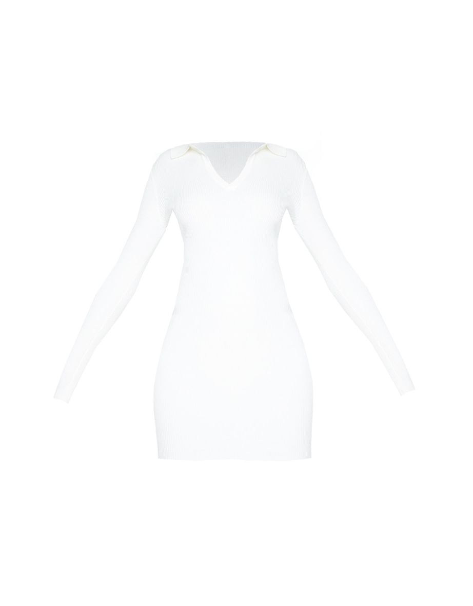 Cream Long Sleeve Ribbed Knitted Bodycon Mini Dress - 4