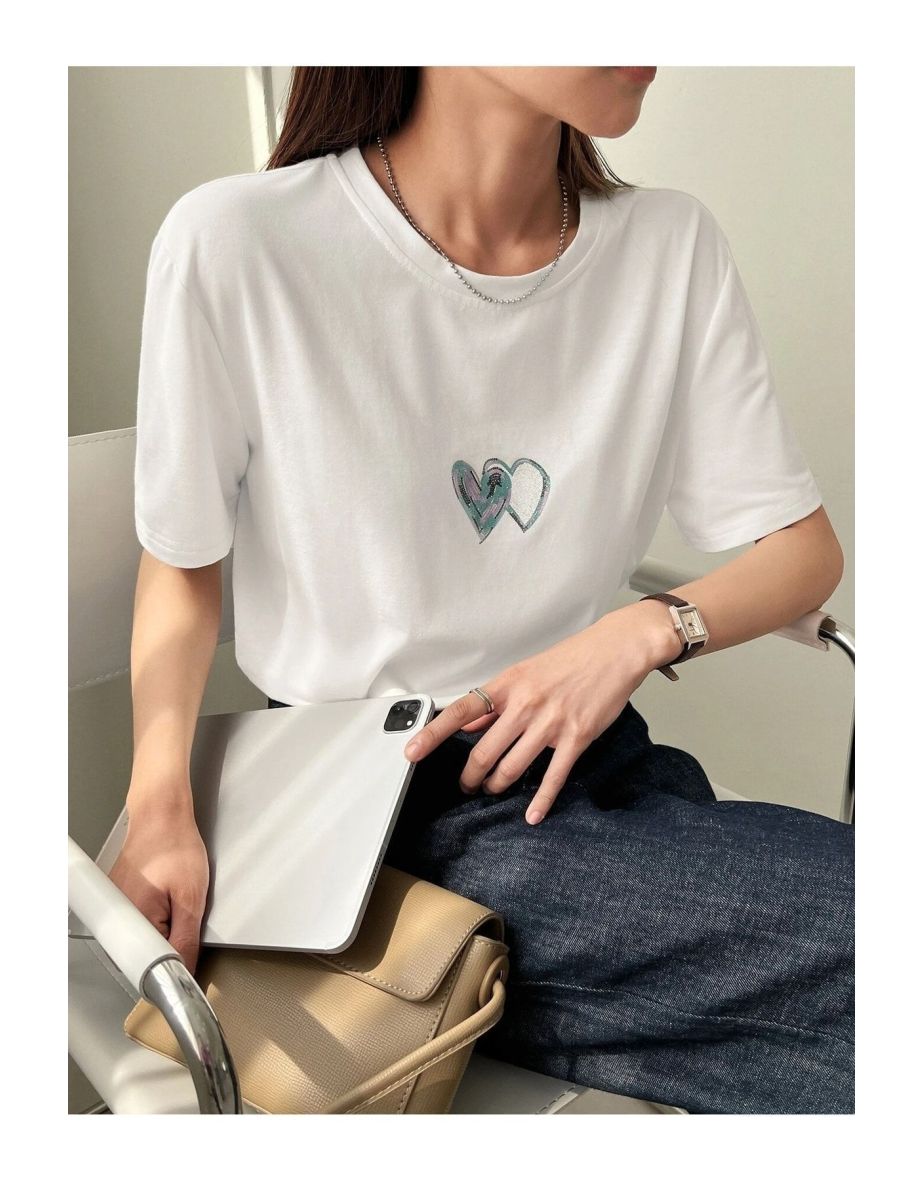 Women's White Double Heart Printed Oversize T-shirt - 6