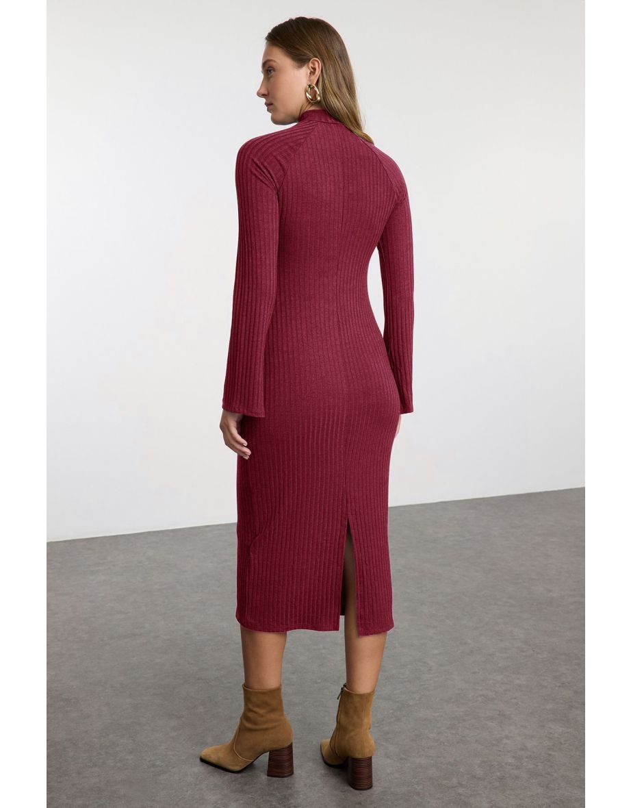 Burgundy Straight Slit Midi Fitted/Fits Body Ribbed Stretch Knit Dress - 3