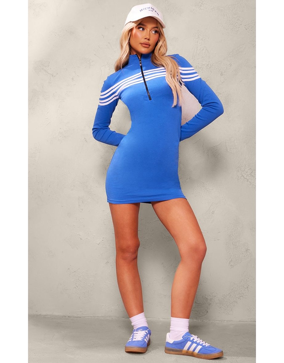 Blue Zip Up Contrast Stripe Bodycon Dress