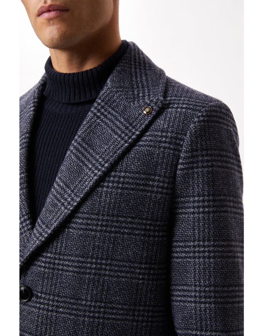 Navy Wool Blend Check Overcoat - 3