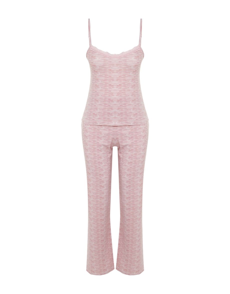 Powder Striped Lace Detailed Cotton Undershirt-Pants Knitted Pajama Set