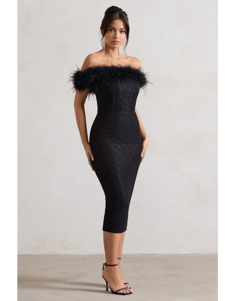 Maiden | Black Lace Bardot Midi Dress With Feather Trim - 3