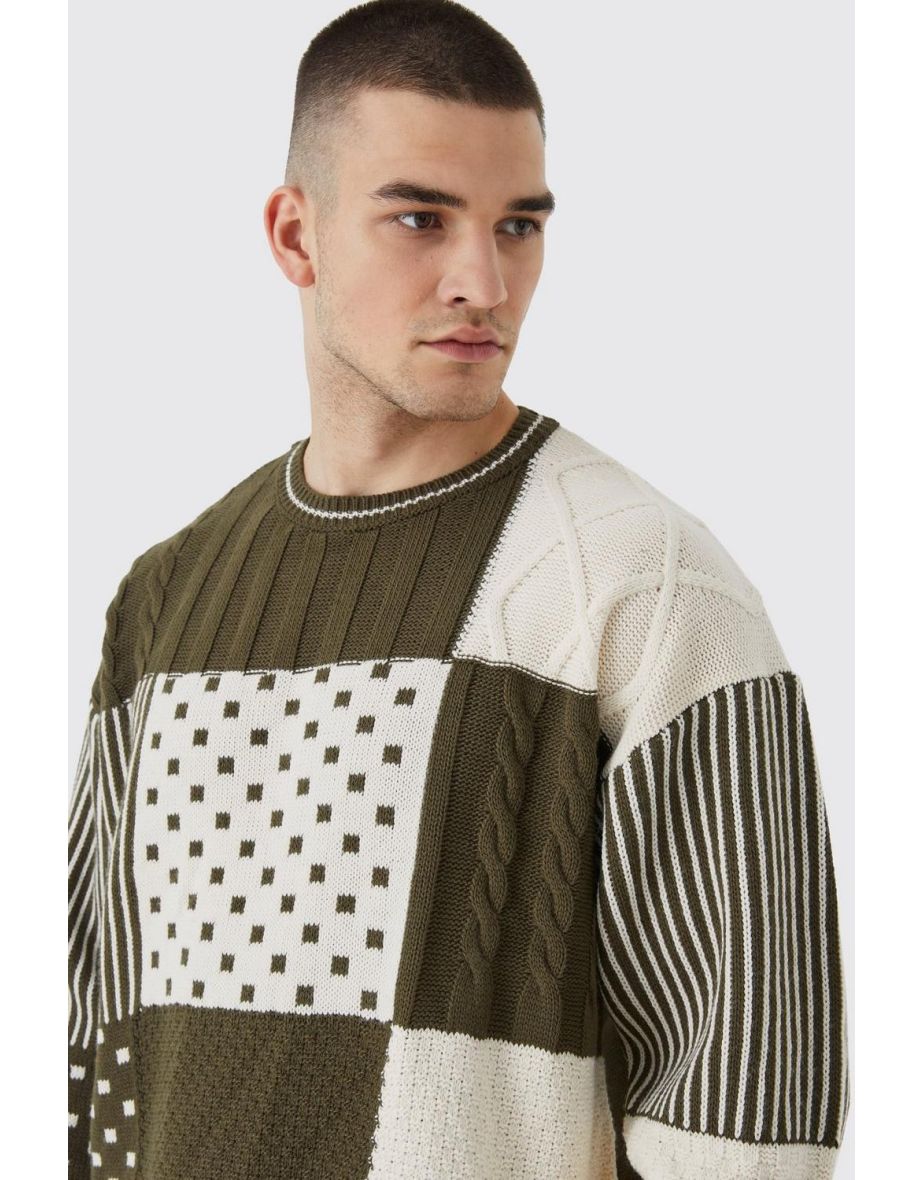 Tall Oversized Boxy Cable Checkerboard Jumper - khaki - 2
