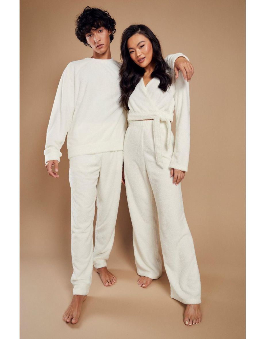 Hers Matching Teddy Wrap Top & Trouser Loungewear Set - ecru - 3