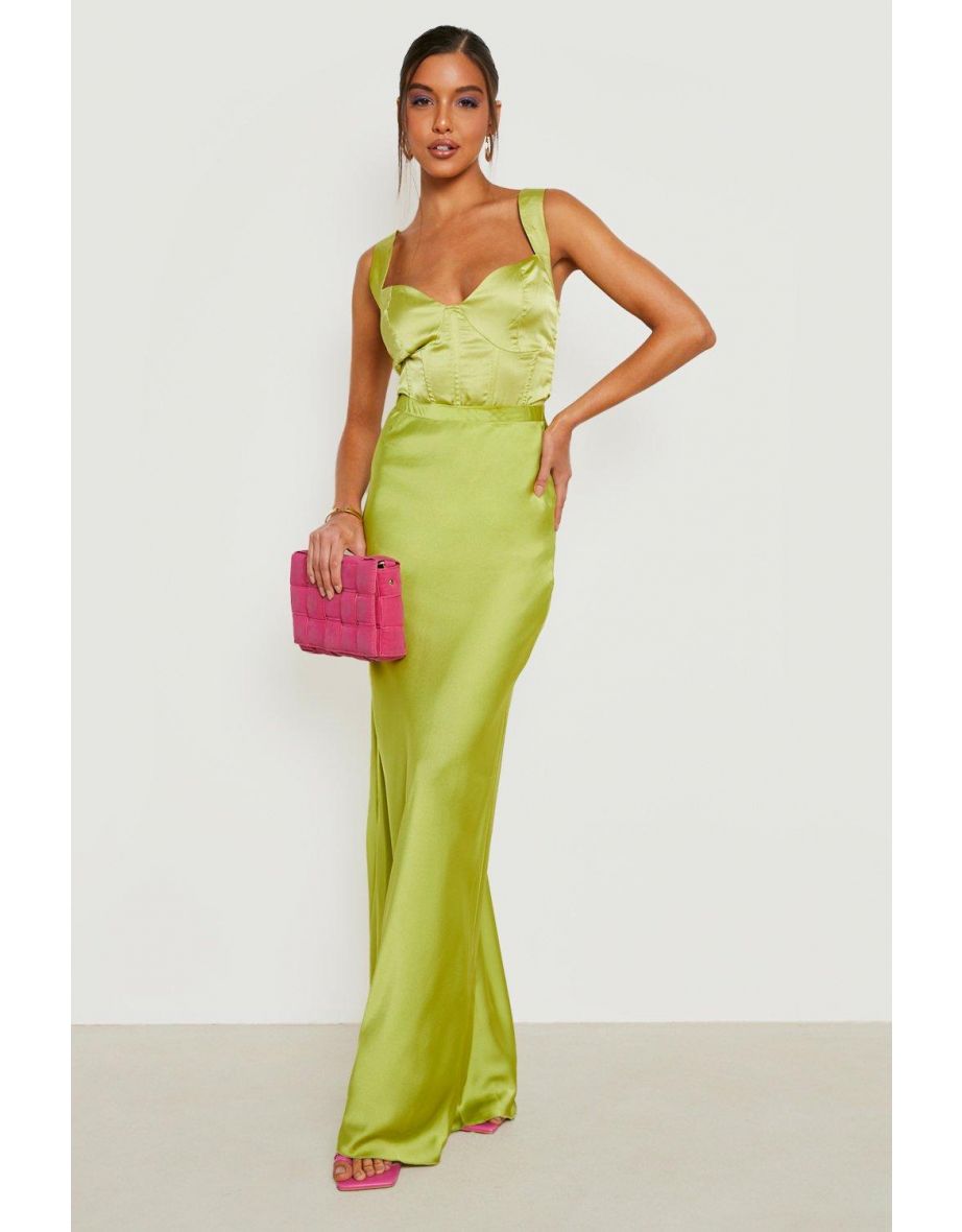 Satin Bias Maxi Slip Skirt - chartreuse