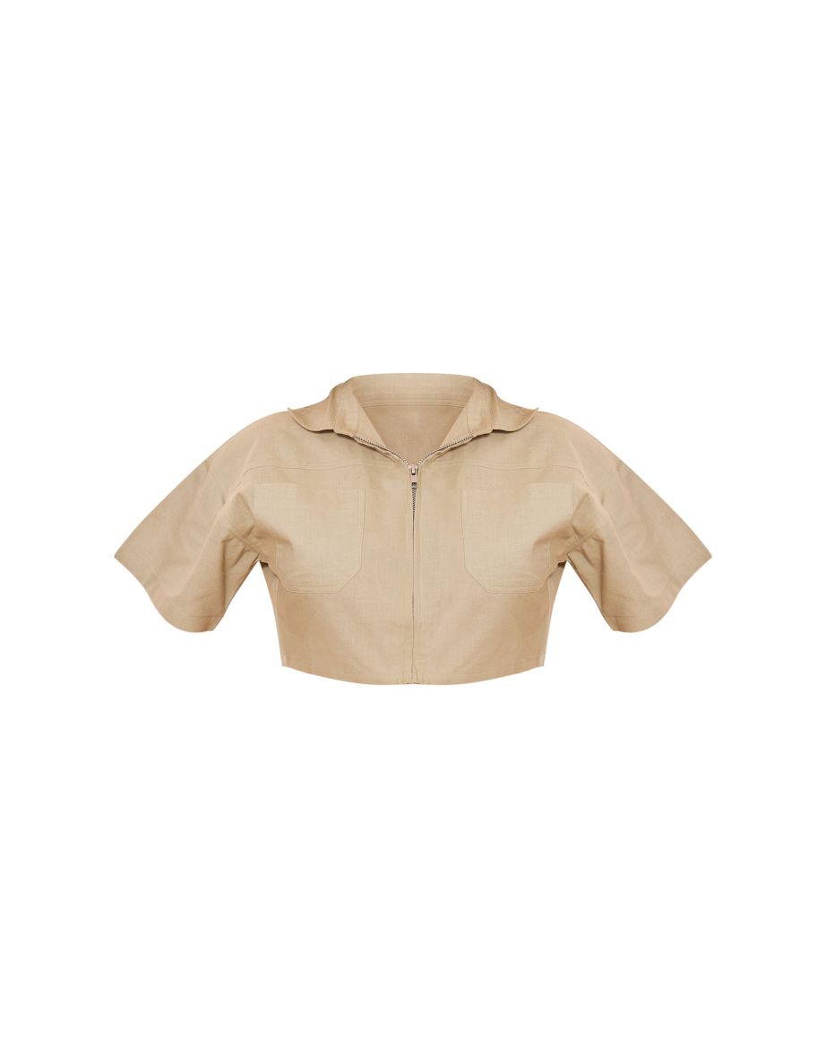 Khaki Linen Zip Front Crop Utility Shirt - 4