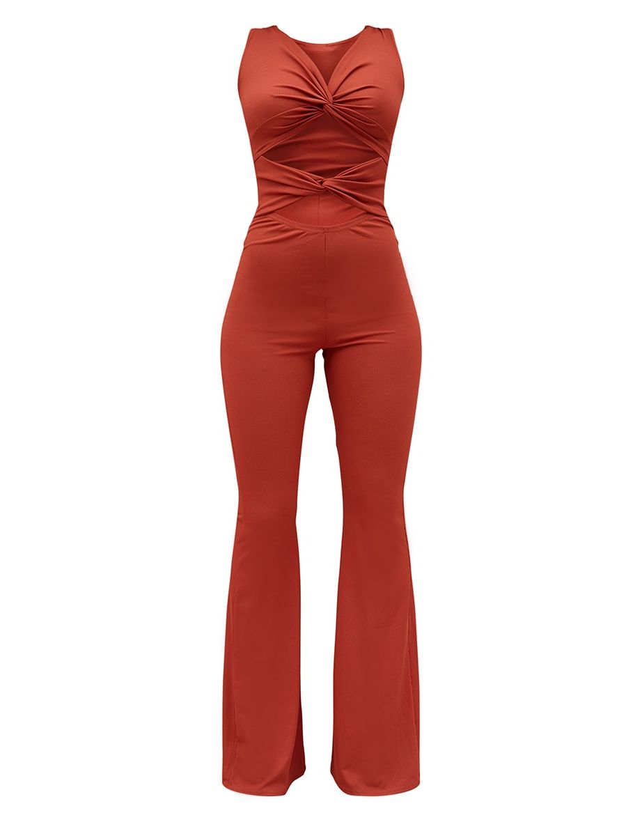 Rust Rib Twist Detail Plunge Flared Jumpsuit - 4