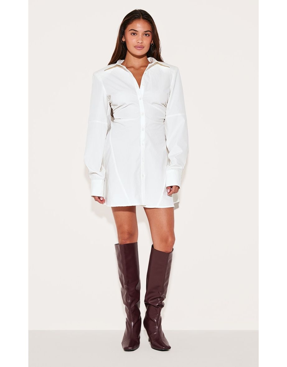White Structured Ruched Detail Long Sleeve Shirt Dress