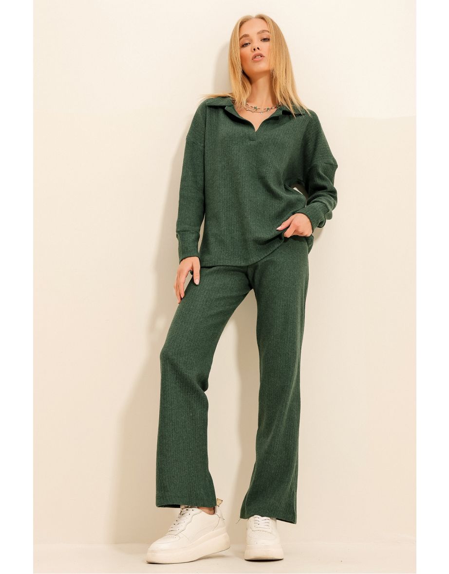 Women's Walnut Green Polo Neck Top And Palazzon Trousers Knitwear Bottom Top Set