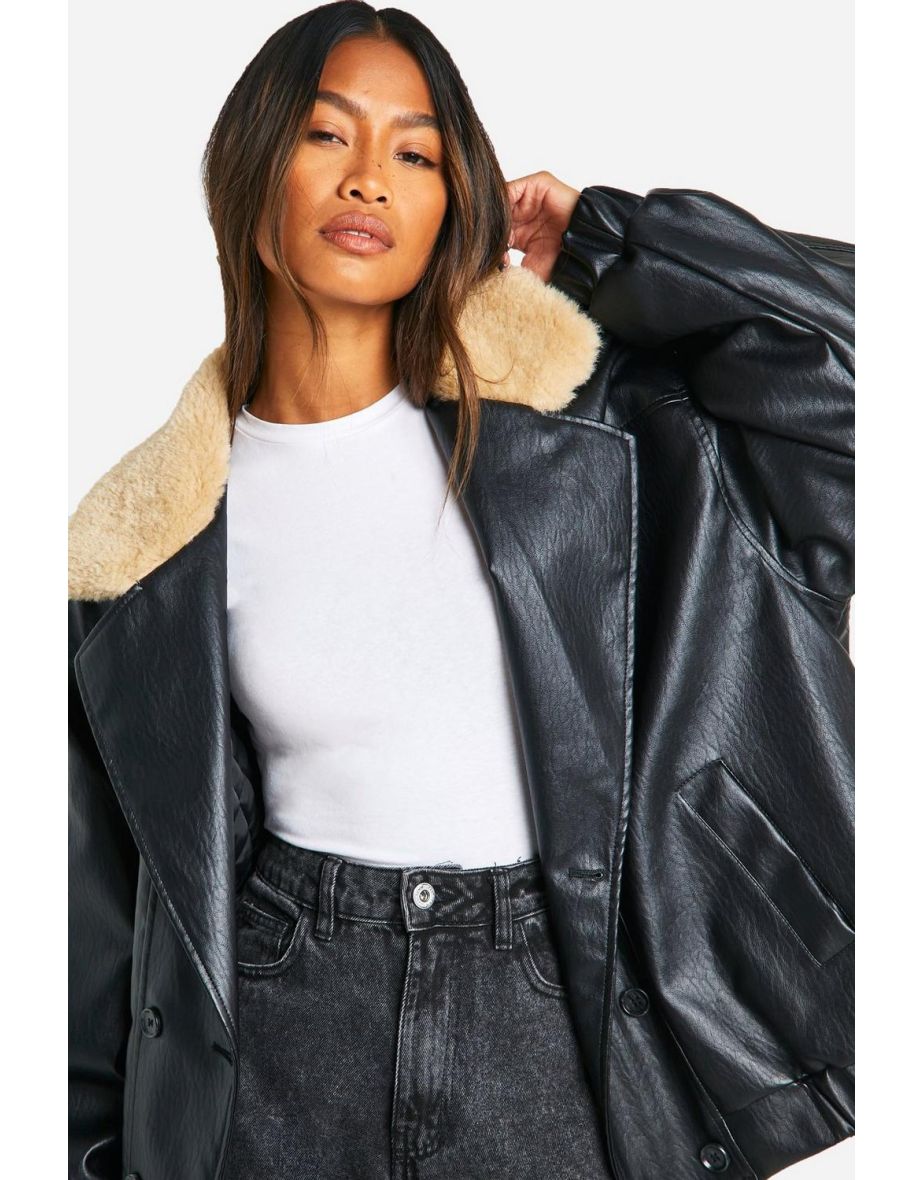 Teddy Collar Faux Leather Aviator Bomber Jacket - 3
