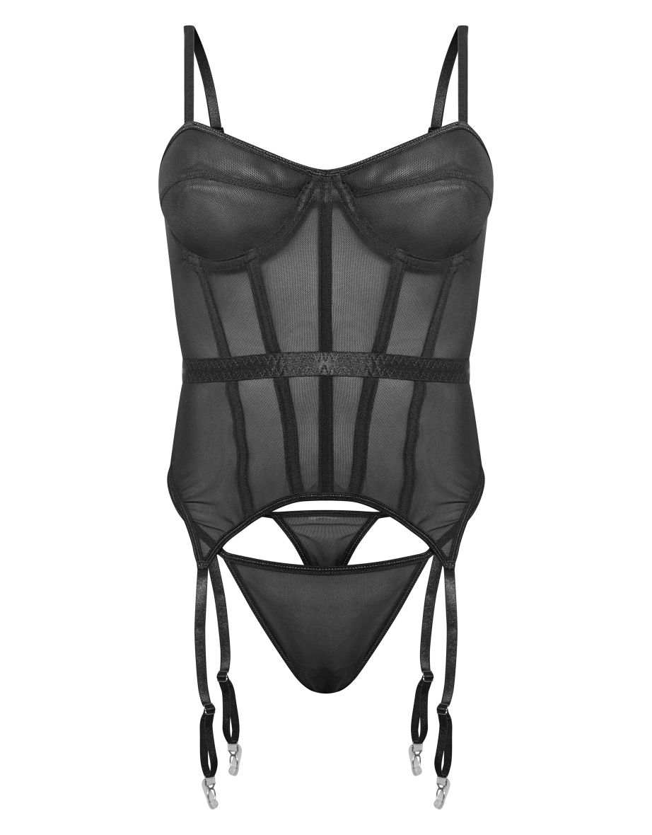 Black Mesh Panelling Detail Suspender Corset Lingerie Set - 4