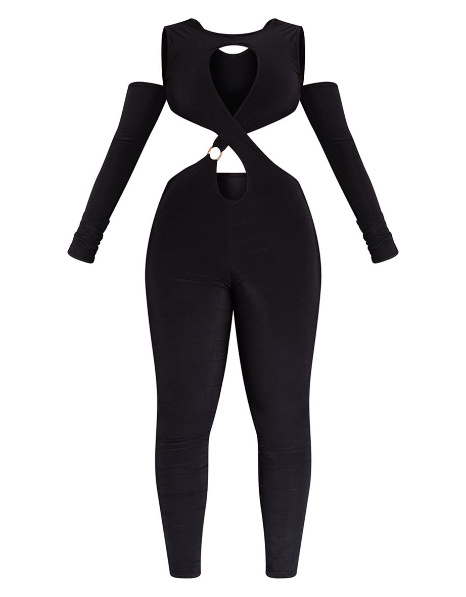 Shape Black Slinky Ring Detail Wrap Waist Jumpsuit - 4