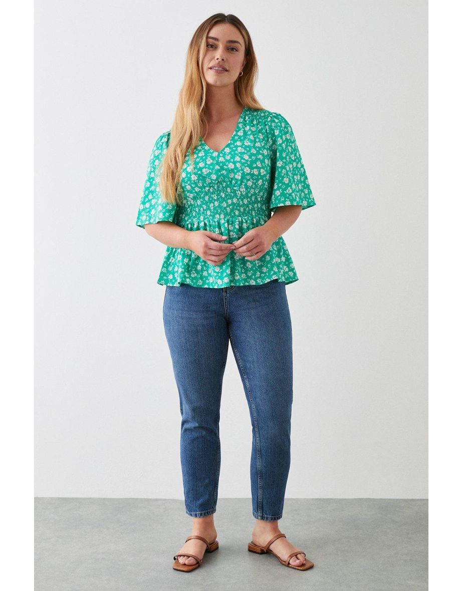 Green Ditsy Shirred Waist Tea Blouse