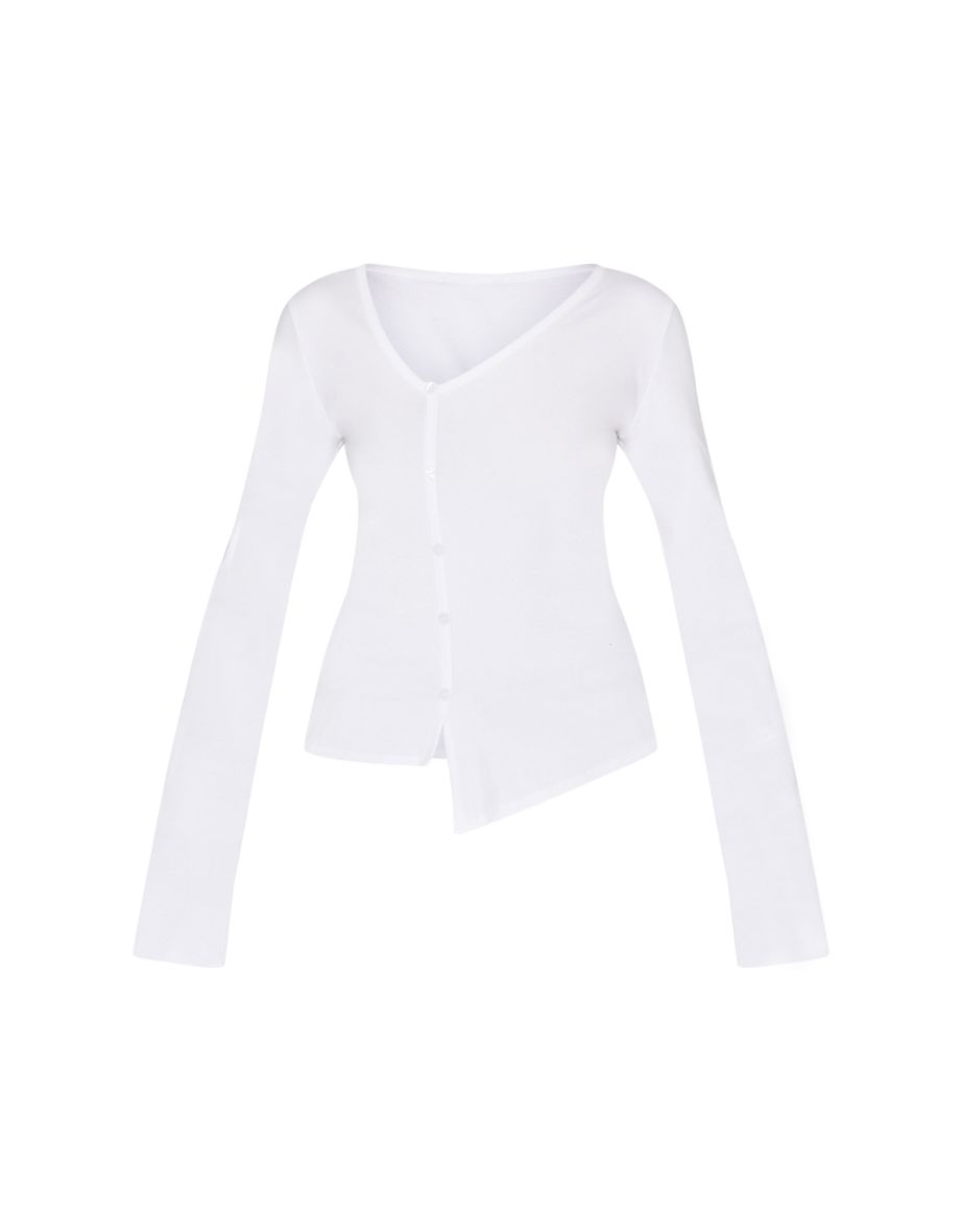 Cream Asymmetric Button Down Detail Long Sleeve Top - 4