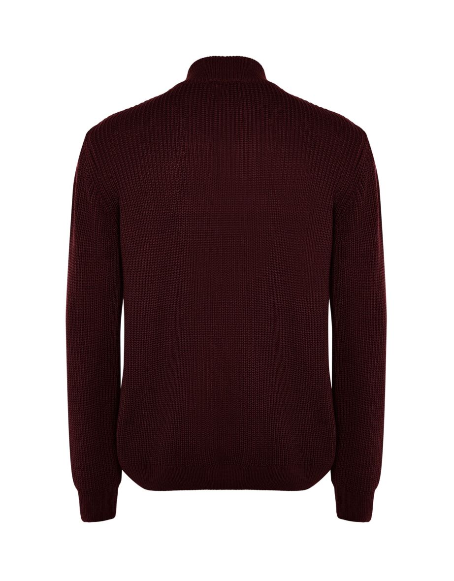 Burgundy Regular Fit Half Turtleneck Zipper Collar Sweater - 7