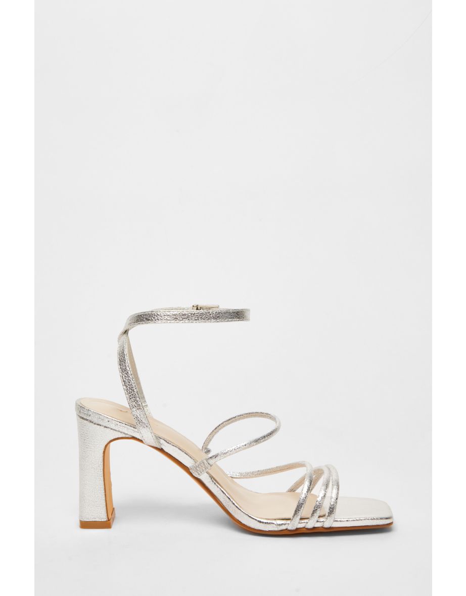 Silver Faux Leather Strappy Heeled Sandals - 4