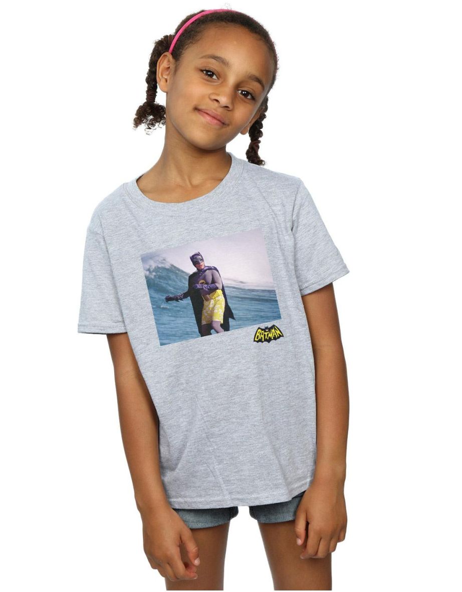 DC Comics Girls Batman TV Series Surfing Logo Cotton T-Shirt - Sports Grey