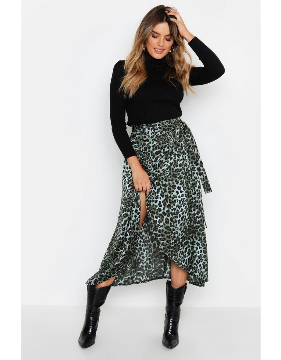Satin Green Leopard Wrap Midaxi Skirt - green