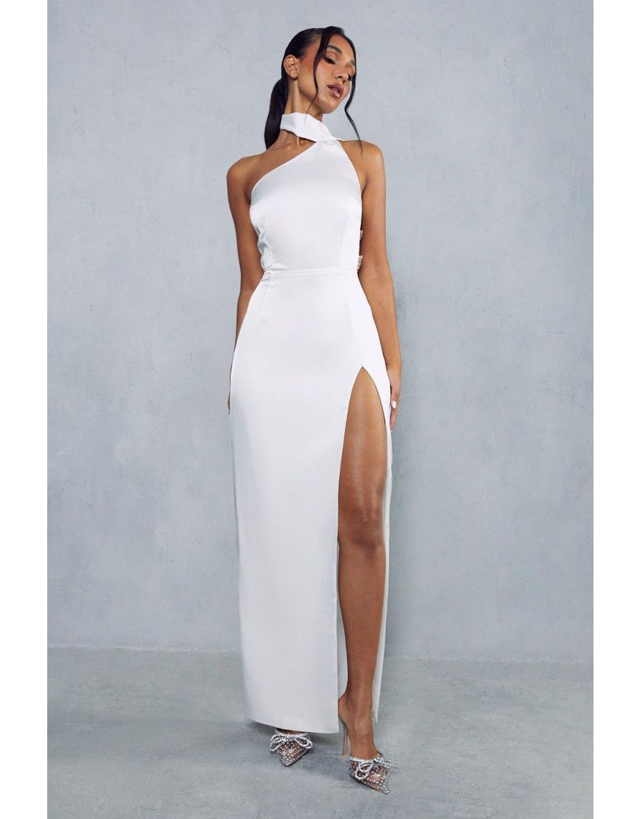 Premium Satin Diamante Drape Back Split Leg Maxi Dress