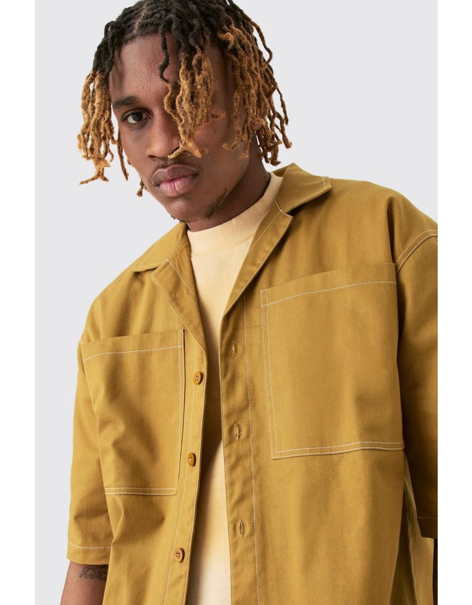 Tall Twill Drop Revere Contrast Stitch Shirt - brown - 2