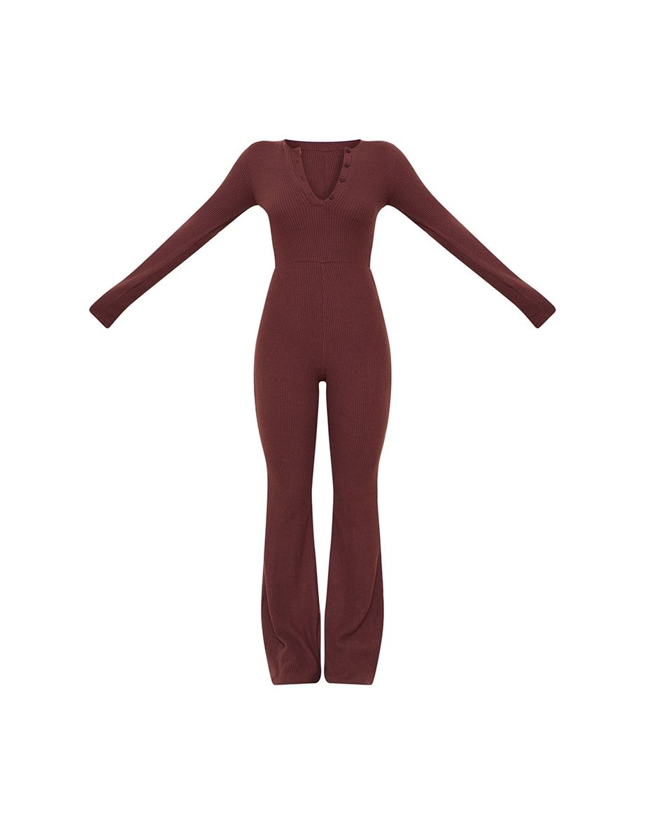 Chocolate Brushed Rib Button Front Long Sleeve Jumpsuit - 4