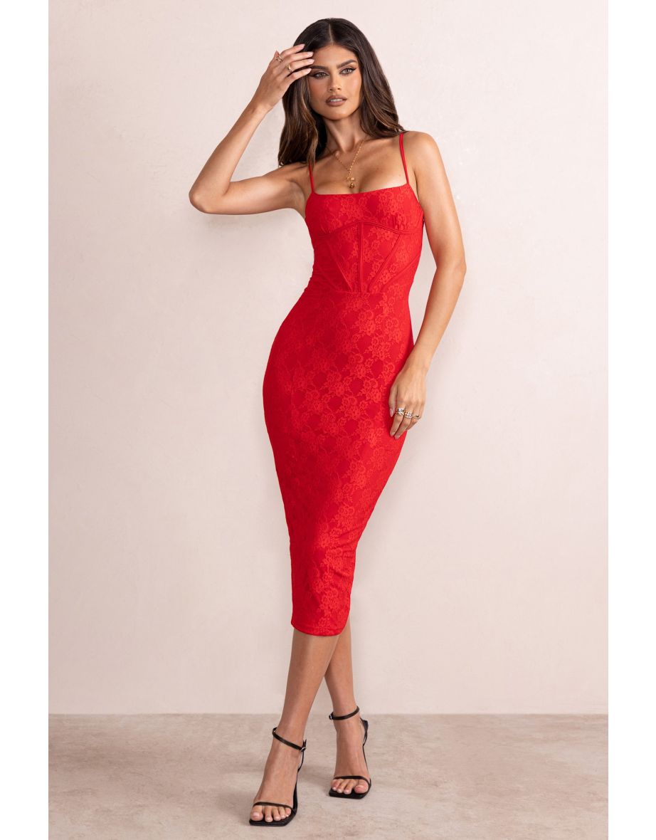 Anele | Red Lace Overlay Corset Midi Dress - 4