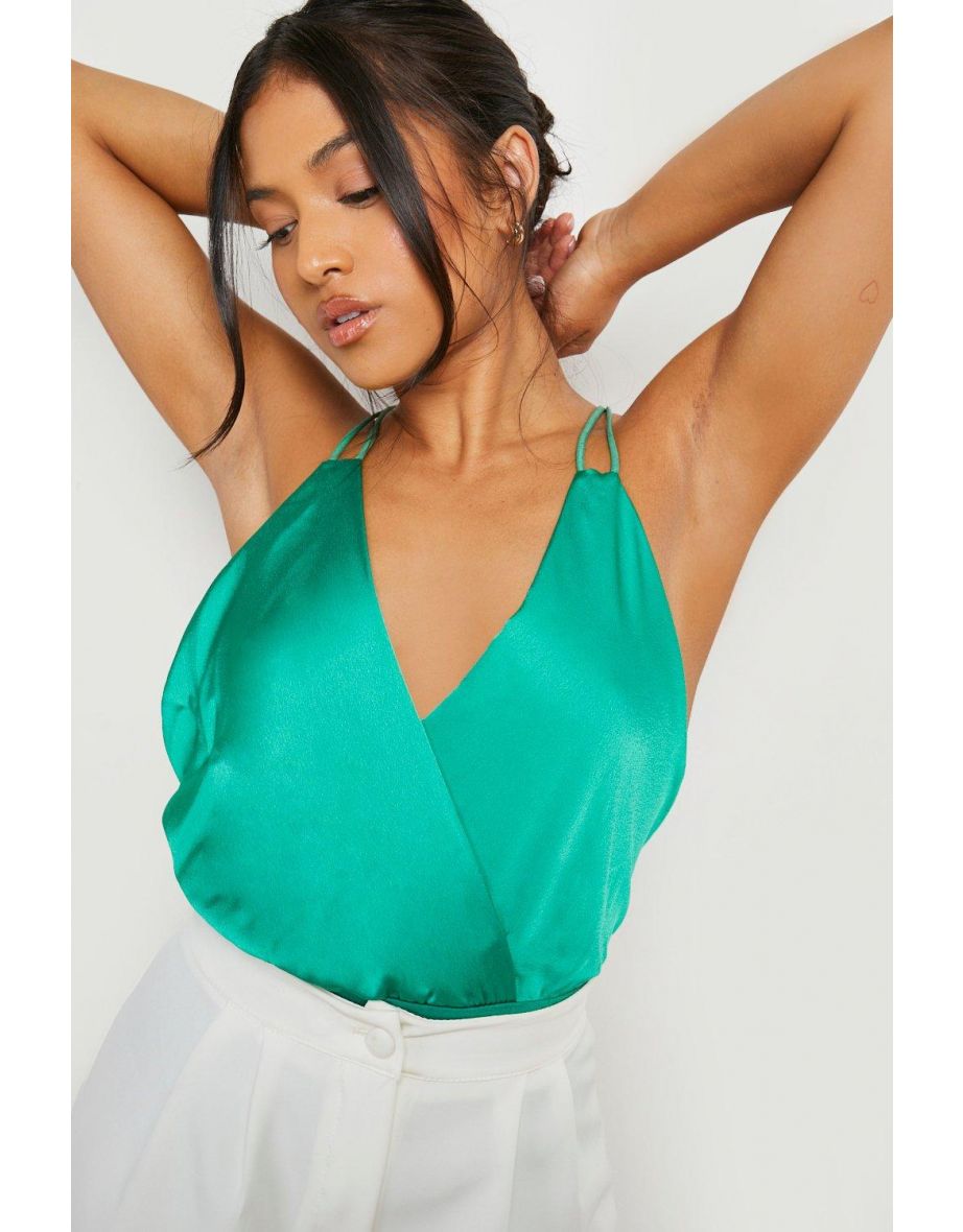 Petite Double Strap Satin Wrap Bodysuit - green - 3