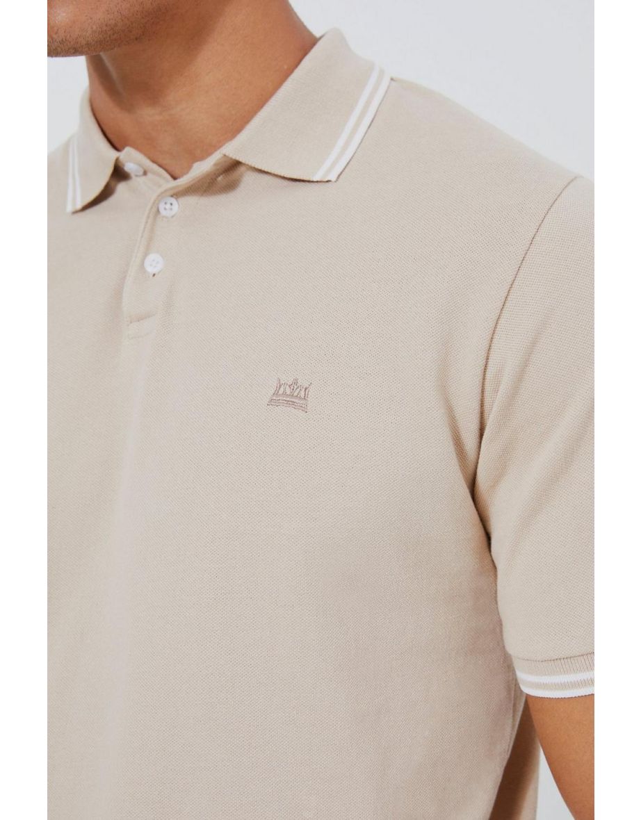 Crown Embroidered Tipped Pique Polo - taupe - 2