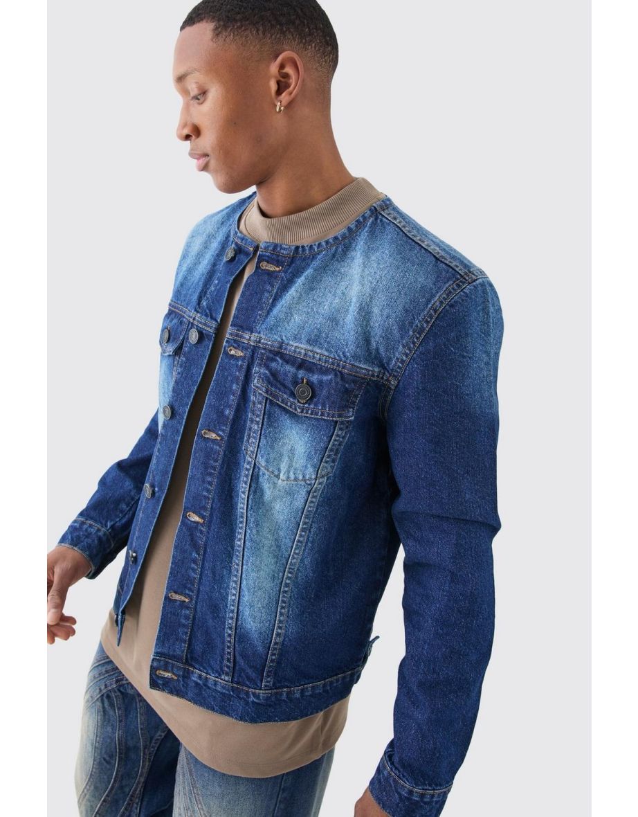 Shop Collarless Denim Jacket In Indigo indigo Online in Kuwait VogaCloset