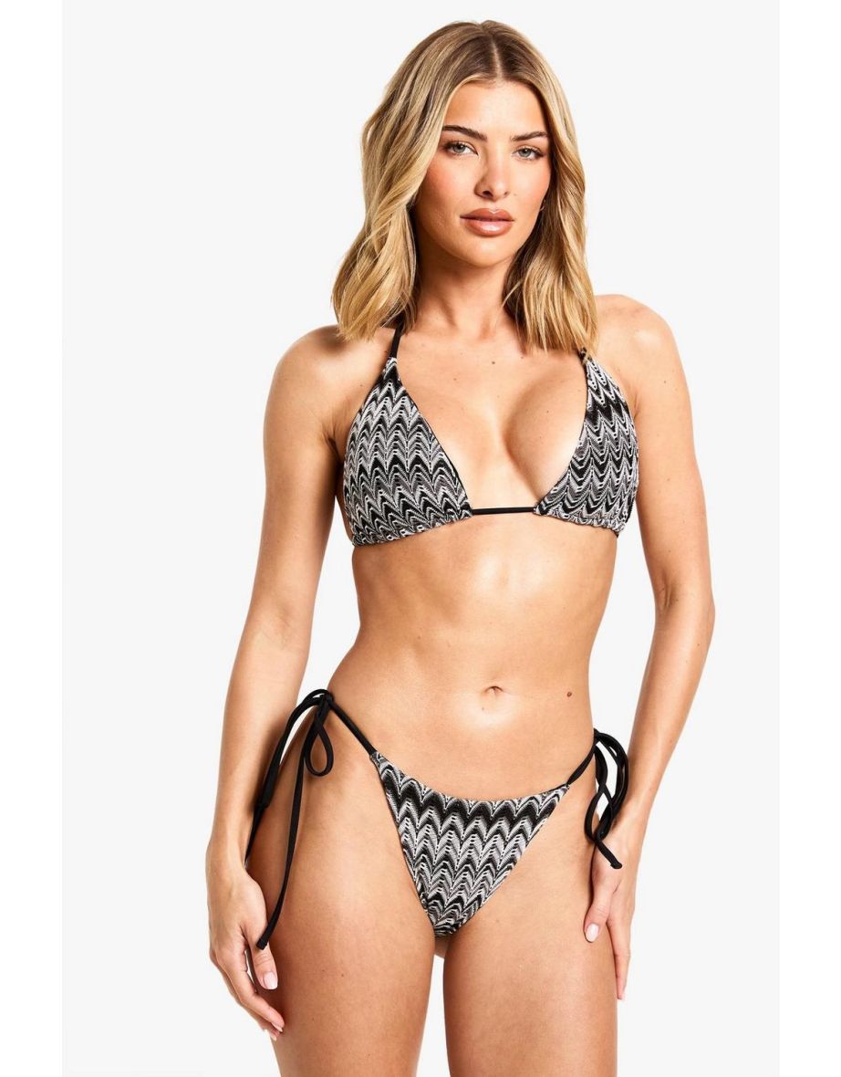 Knitted Zig Zag Tie Side Bikini Bottoms - black