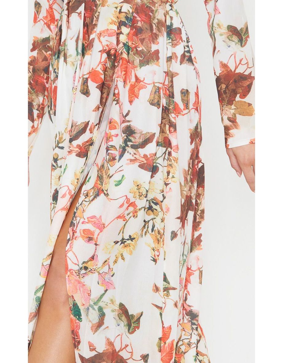 Floral Print Plunge Long Sleeve Maxi Dress - 4