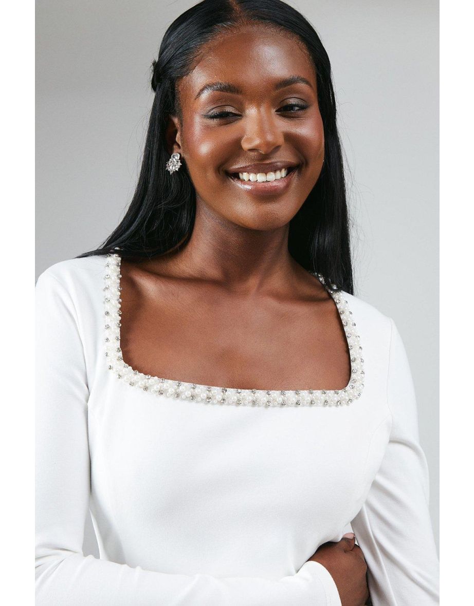 Crystal Trim Ponte Long Sleeve Midi Wedding Dress - White - 3
